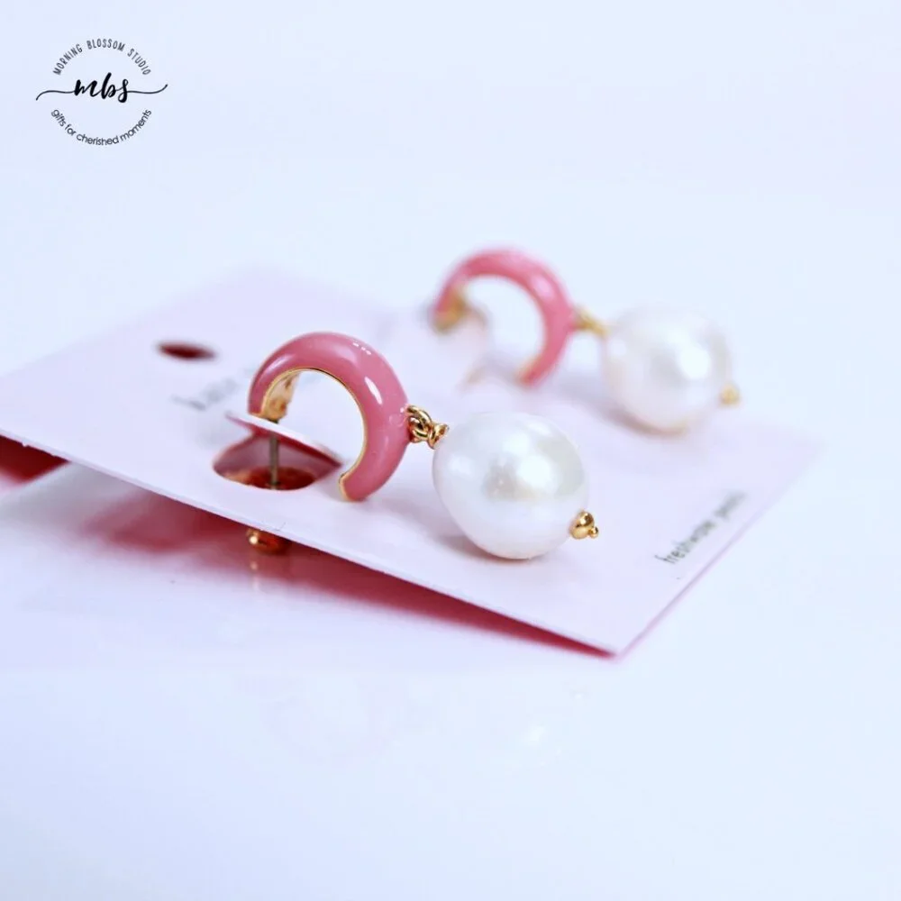 NWT Kate Spade Candy‎ Pearl Drop Enamel Huggie Earrings Pink Cream Gold
